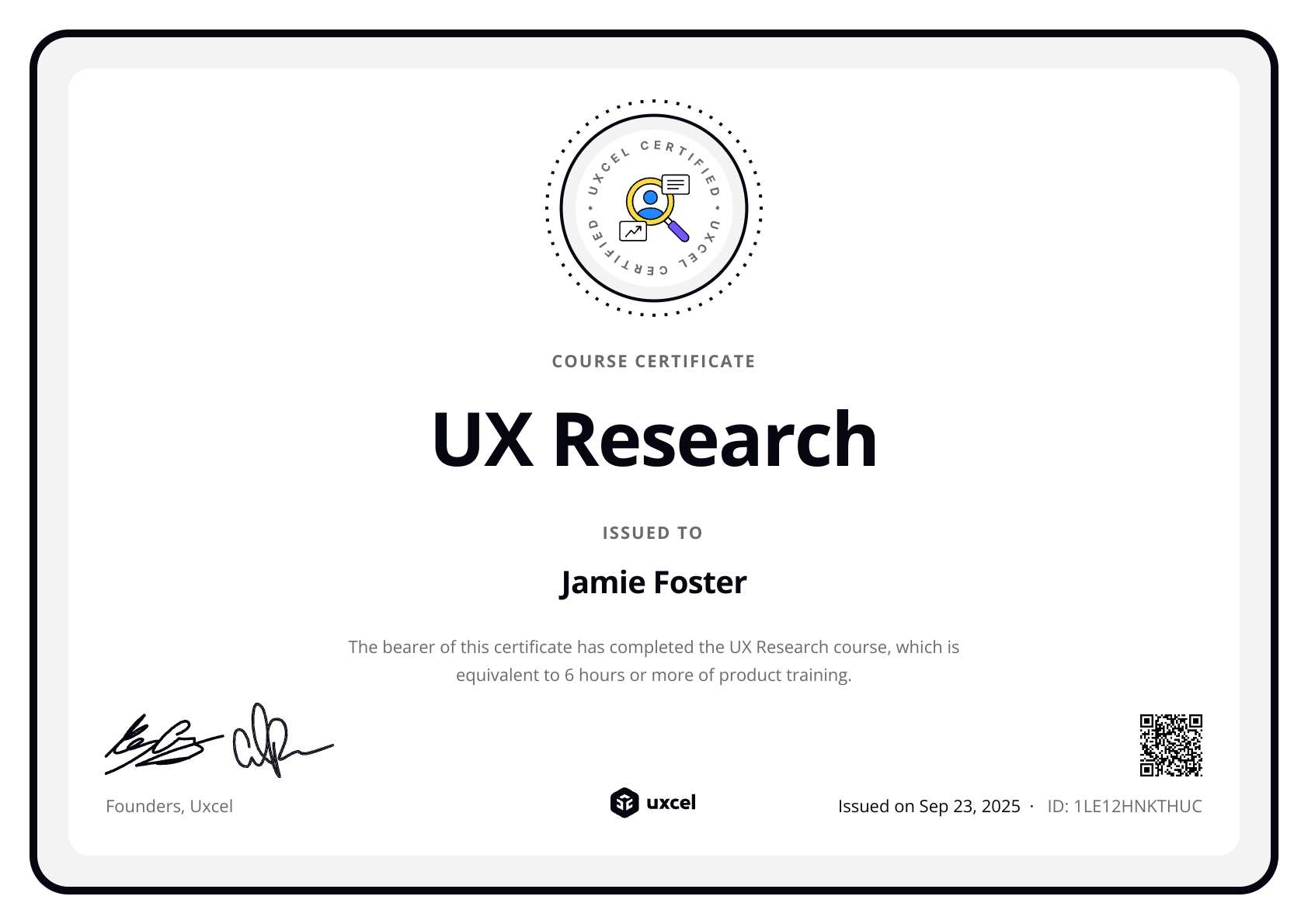Jamie Foster's certificate